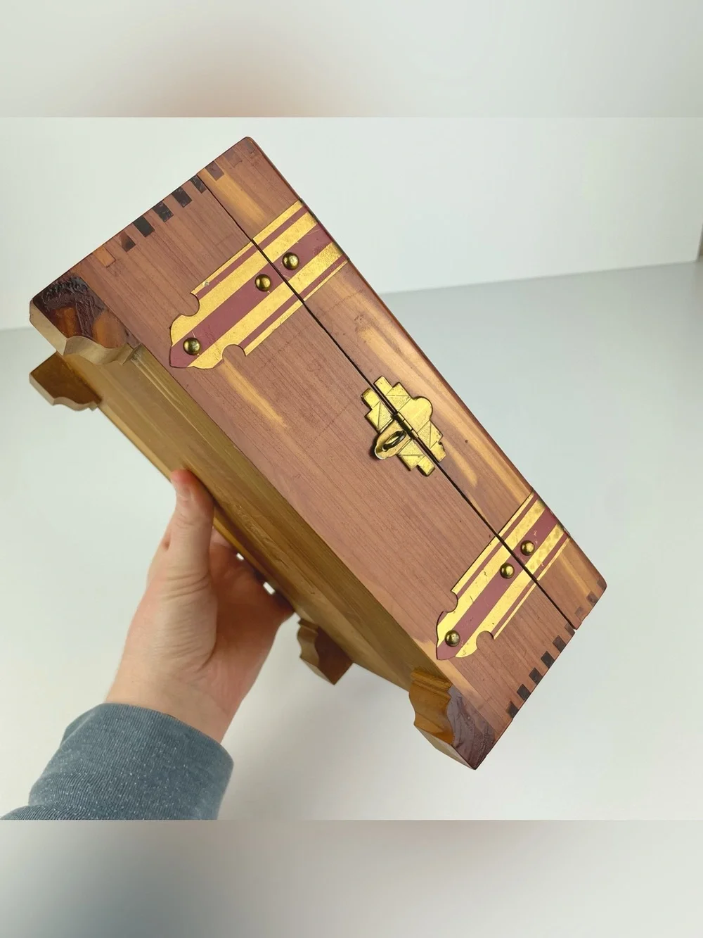 VTG Pilliod Swanton Ohio Wooden Cedar Jewelry Sewing Box Dovetailed Trinket